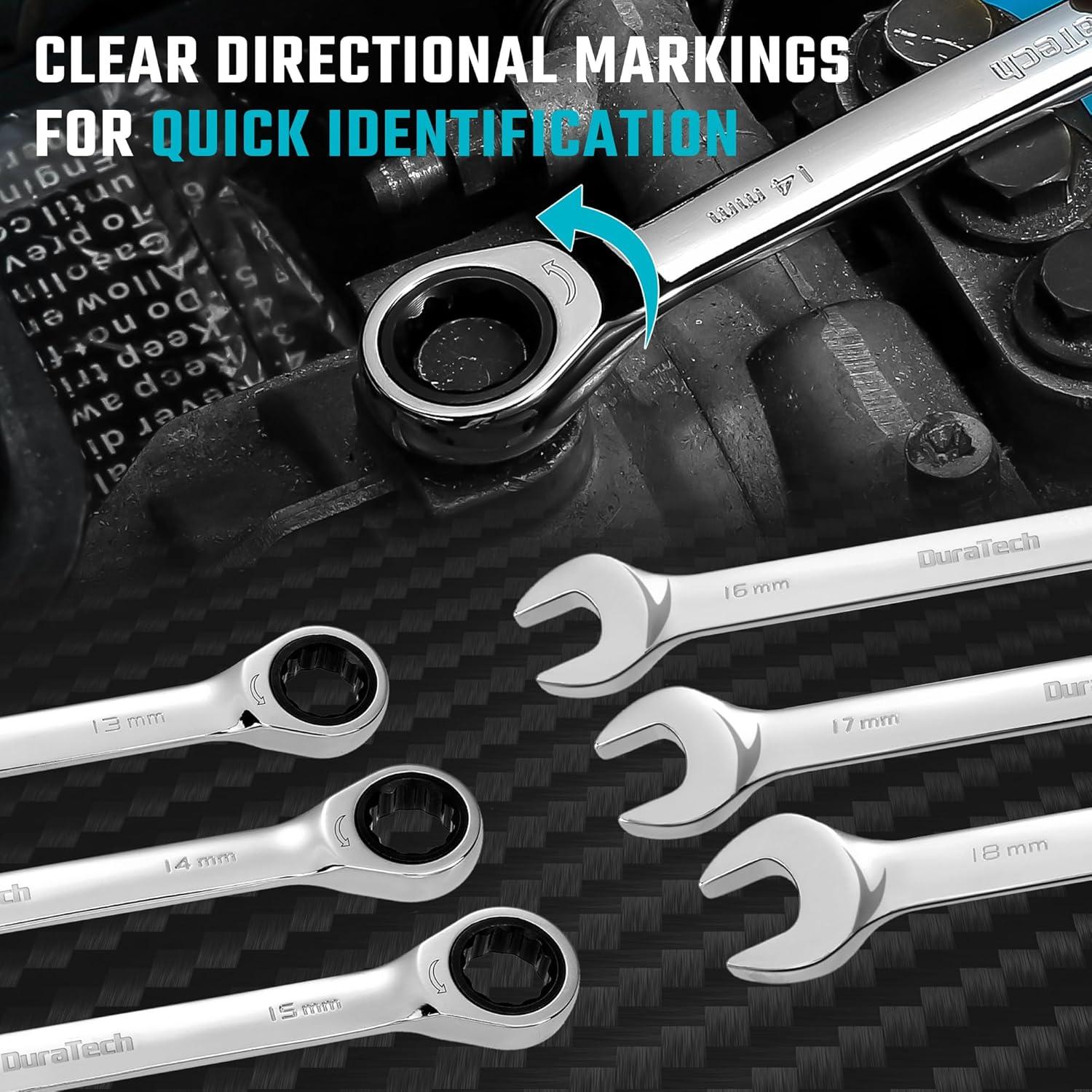 Ringratschenschlüssel Set 12-teilig, Gabelringschlüssel Satz Metrisch 8-19mm Cr-V Stahl