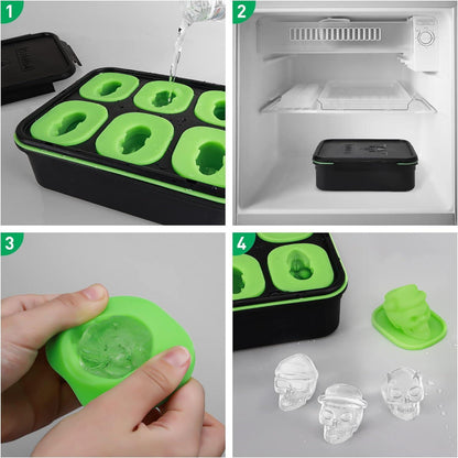 Totenkopf Eisformen 3D Silikon 6er BPA-frei mit Deckel