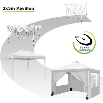 3x3m Pavillon mit 4 Seitenwänden – Weiß, Robust & Wetterfest