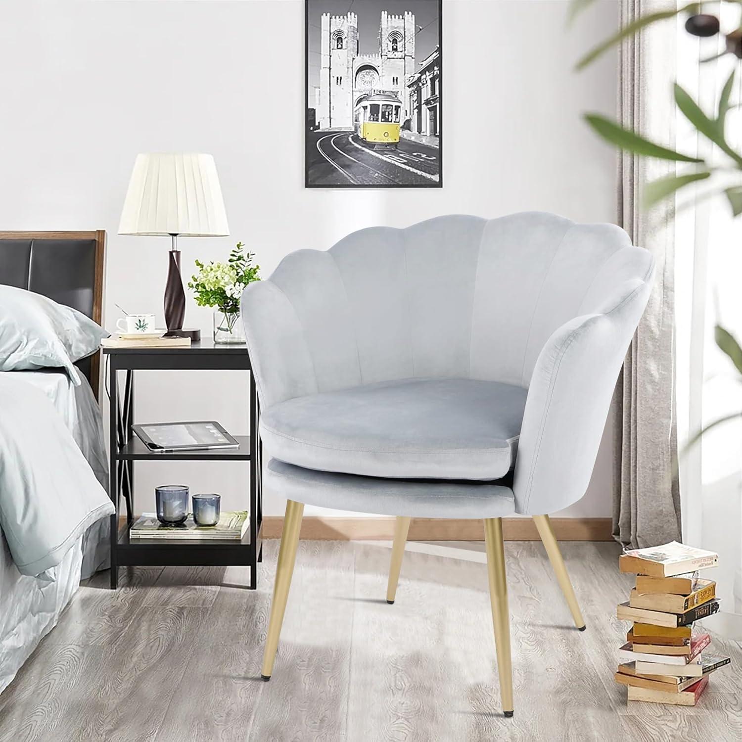 Samtstuhl Blumenform Hellgrau Gold mit Metallbeinen