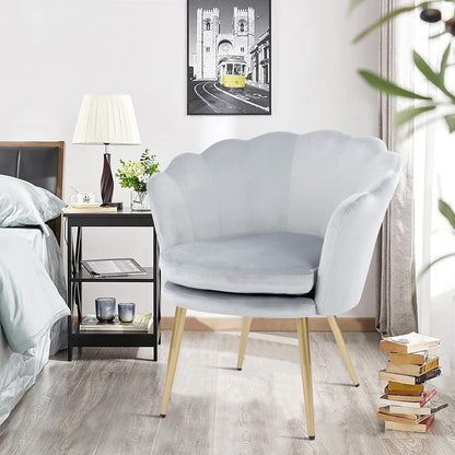 Samtstuhl Blumenform Hellgrau Gold mit Metallbeinen