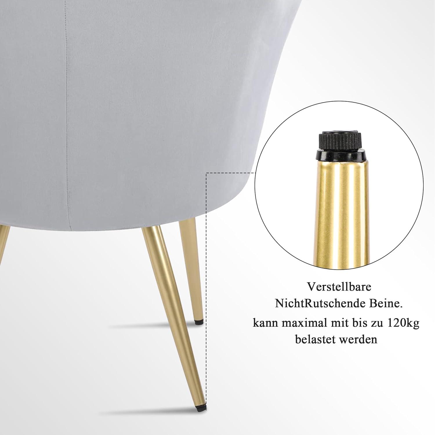 Samtstuhl Blumenform Hellgrau Gold mit Metallbeinen