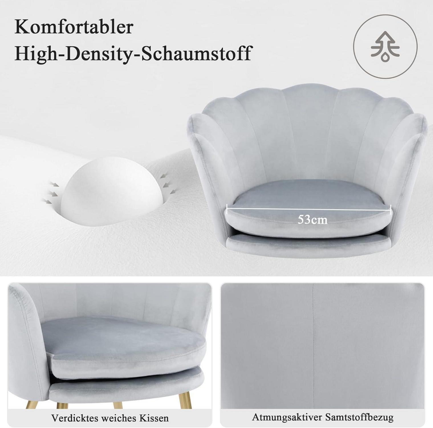 Samtstuhl mit Metallbeinen für Wohnzimmer und Schlafzimmer, Blumenform Hellgrau+Gold