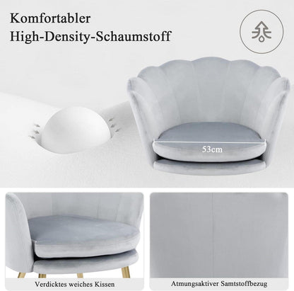 Samtstuhl mit Metallbeinen für Wohnzimmer und Schlafzimmer, Blumenform Hellgrau+Gold