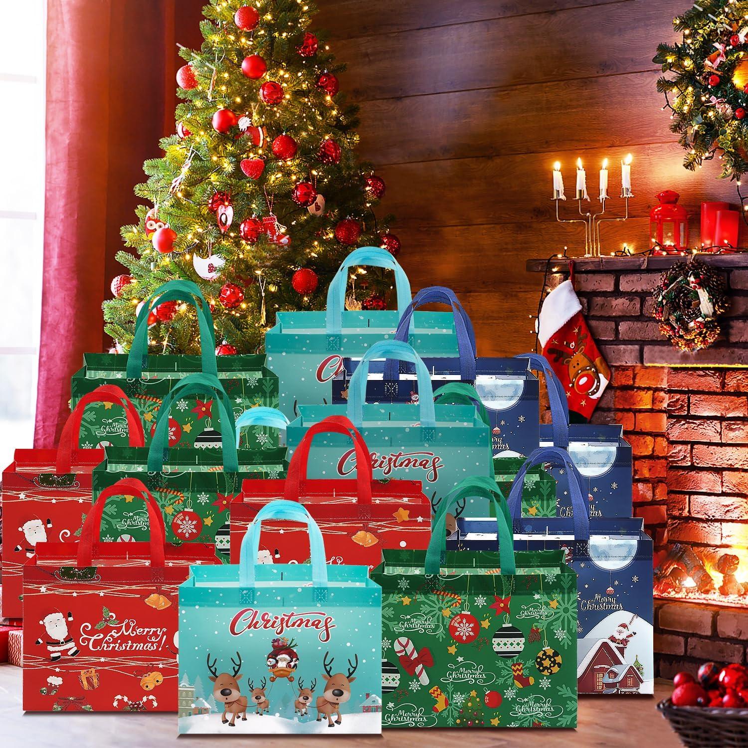 Weihnachtsgeschenktüten Set, Weihnachts-Tragetaschen Groß mit Griffen, Vliestüten, Geschenktüten Weihnachten 12 Stück