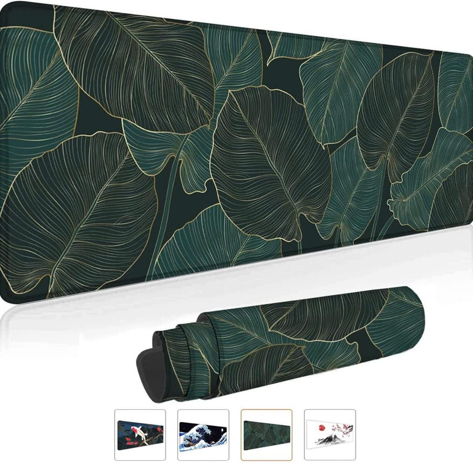 Gaming Mauspad XXL 800x300mm Tropische Blätter Grün Schwarz Vernähte Kanten Anti-Rutsch