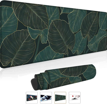 Gaming Mauspad XXL 800x300mm Tropische Blätter Grün Schwarz Vernähte Kanten Anti-Rutsch