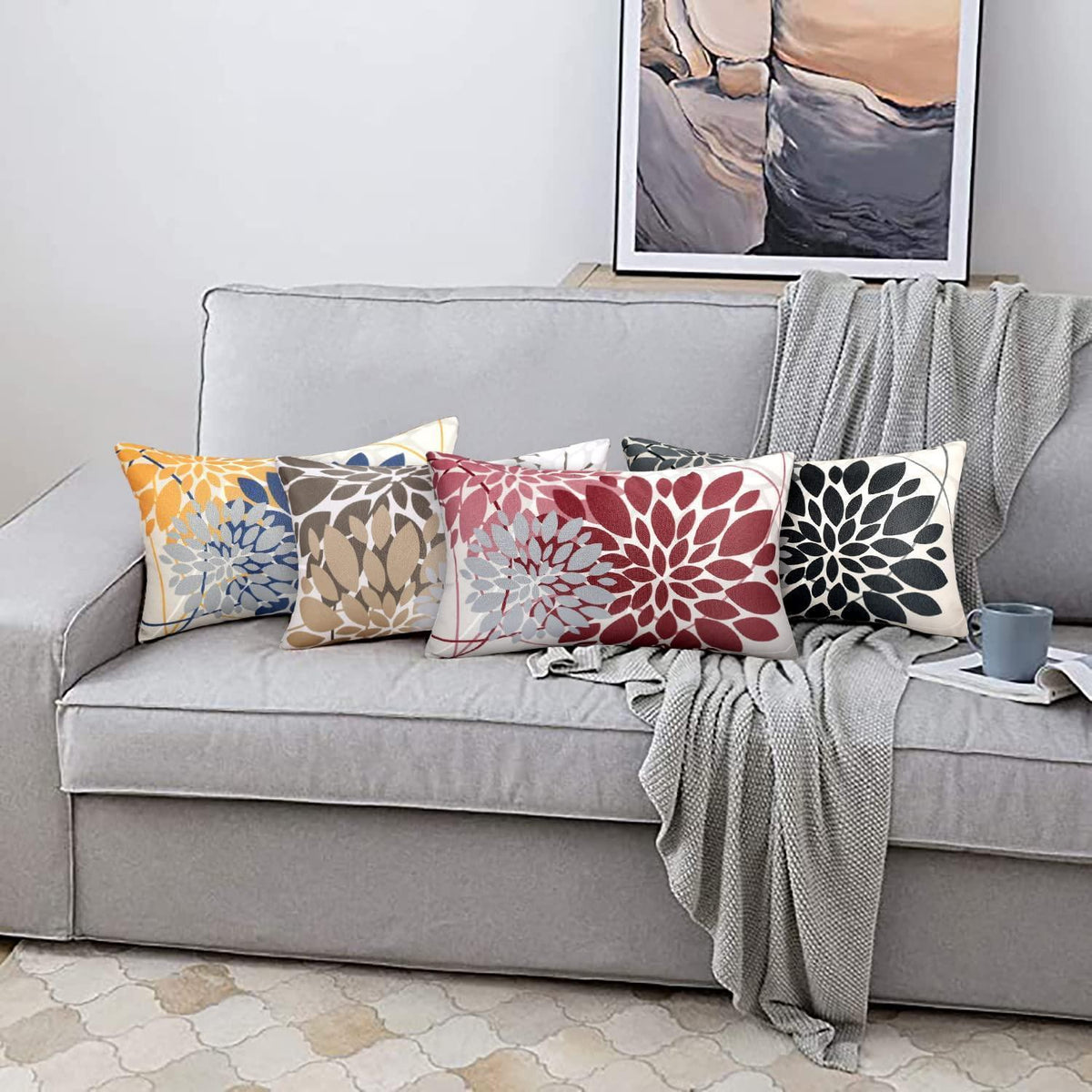 Herbst Kissenbezug 30x50 - Geometrie Dahlie Schwarz Grau 2er Set