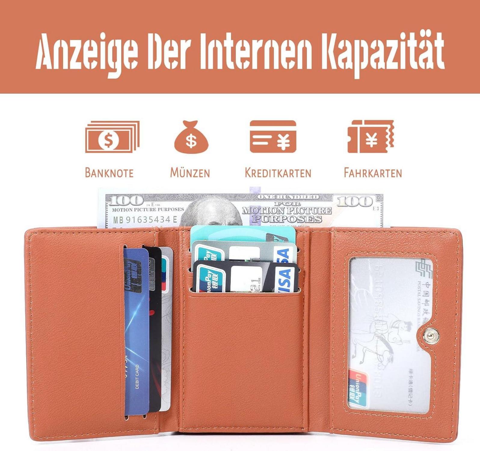 Geldbeutel Damen Klein PU Leder mit Münzfach Kartenfächern Braun