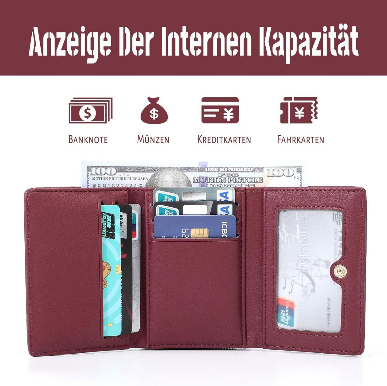 Kleines Portemonnaie Damen PU Leder mit Münzfach und 7 Kartenfächern
