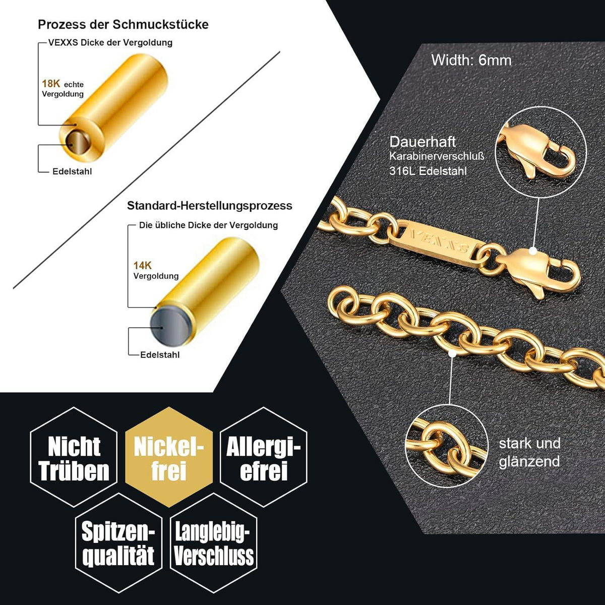 Kabelkette Halskette 18K Gold beschichtet Edelstahl für Damen Herren