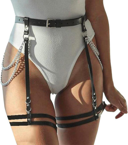 Punk Harness Damen Leder Strumpfband Gürtel mit Hüftketten BDSM Dessous