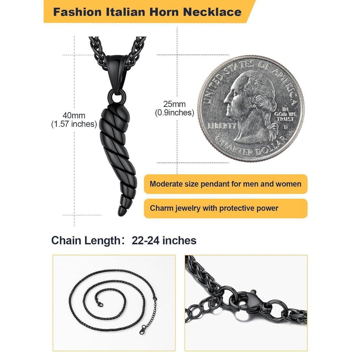 Italienisches Horn Halskette Edelstahl Schwarz Glücksbringer Amulett