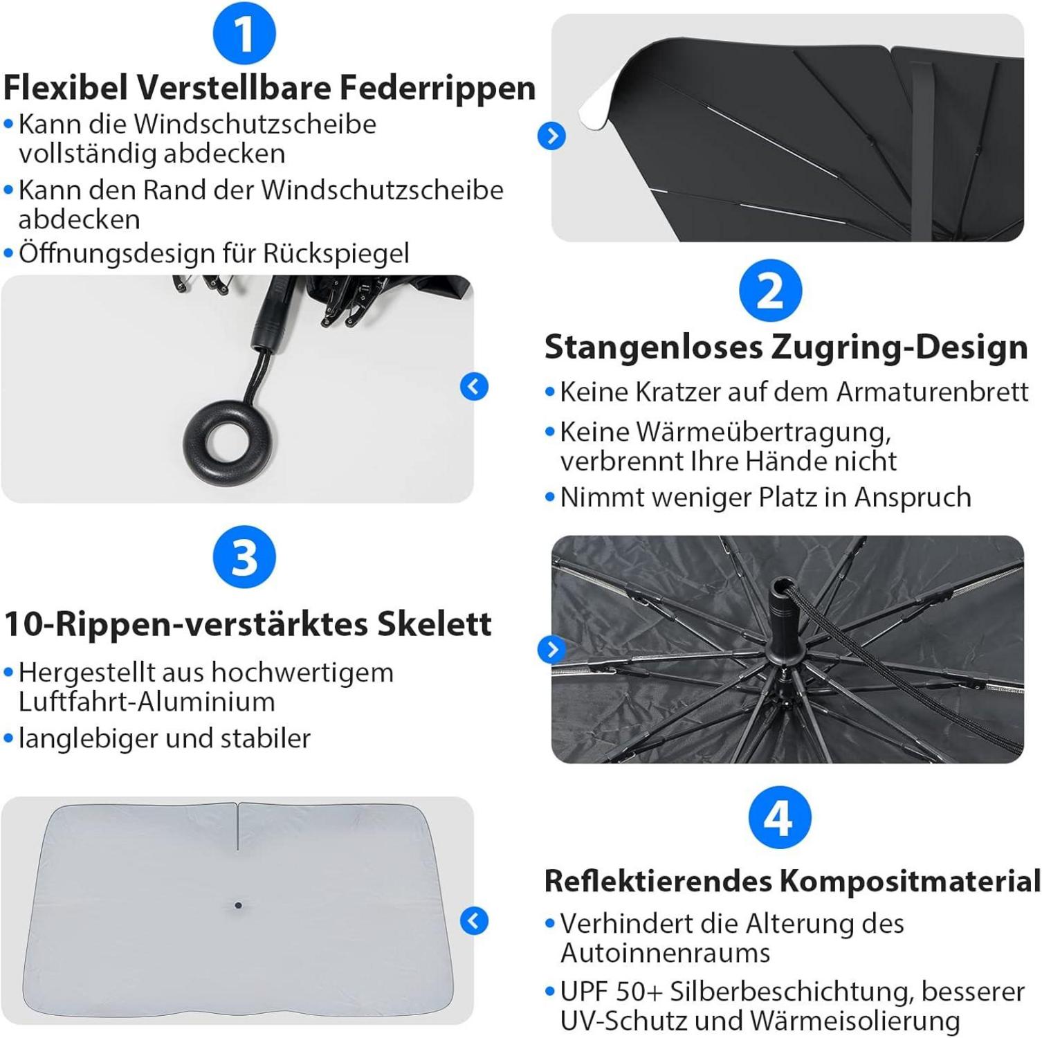Modacraft Auto Sonnenschutz Frontscheibe UV-Schutz 10 Rippen Zugringgriff