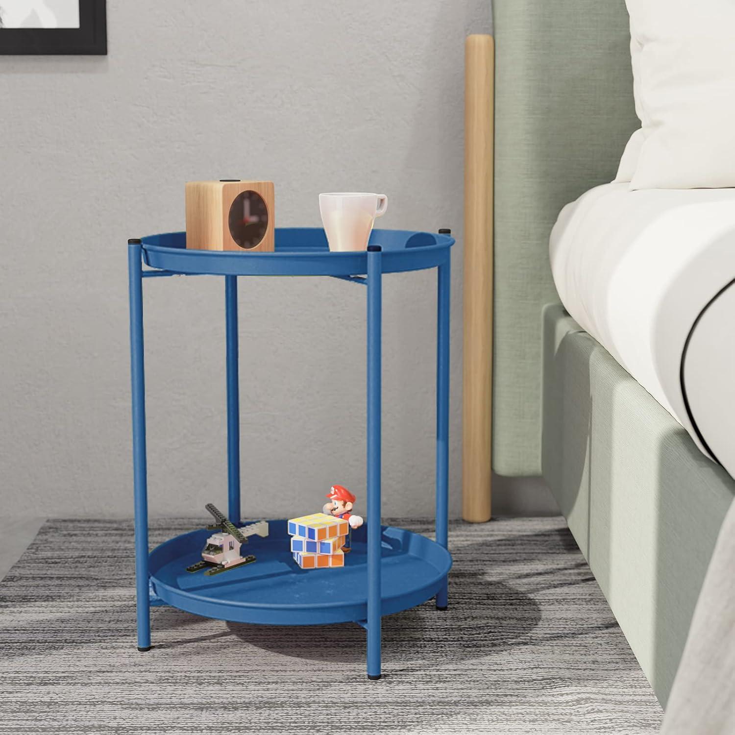Runder Beistelltisch mit 2 Ebenen - Metall 45x45x53cm - Pfauen Blau
