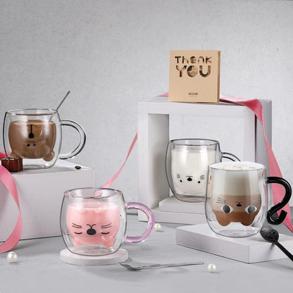 Doppelwandige Süße Katze Latte Macchiato Gläser 290ml Set mit Löffel