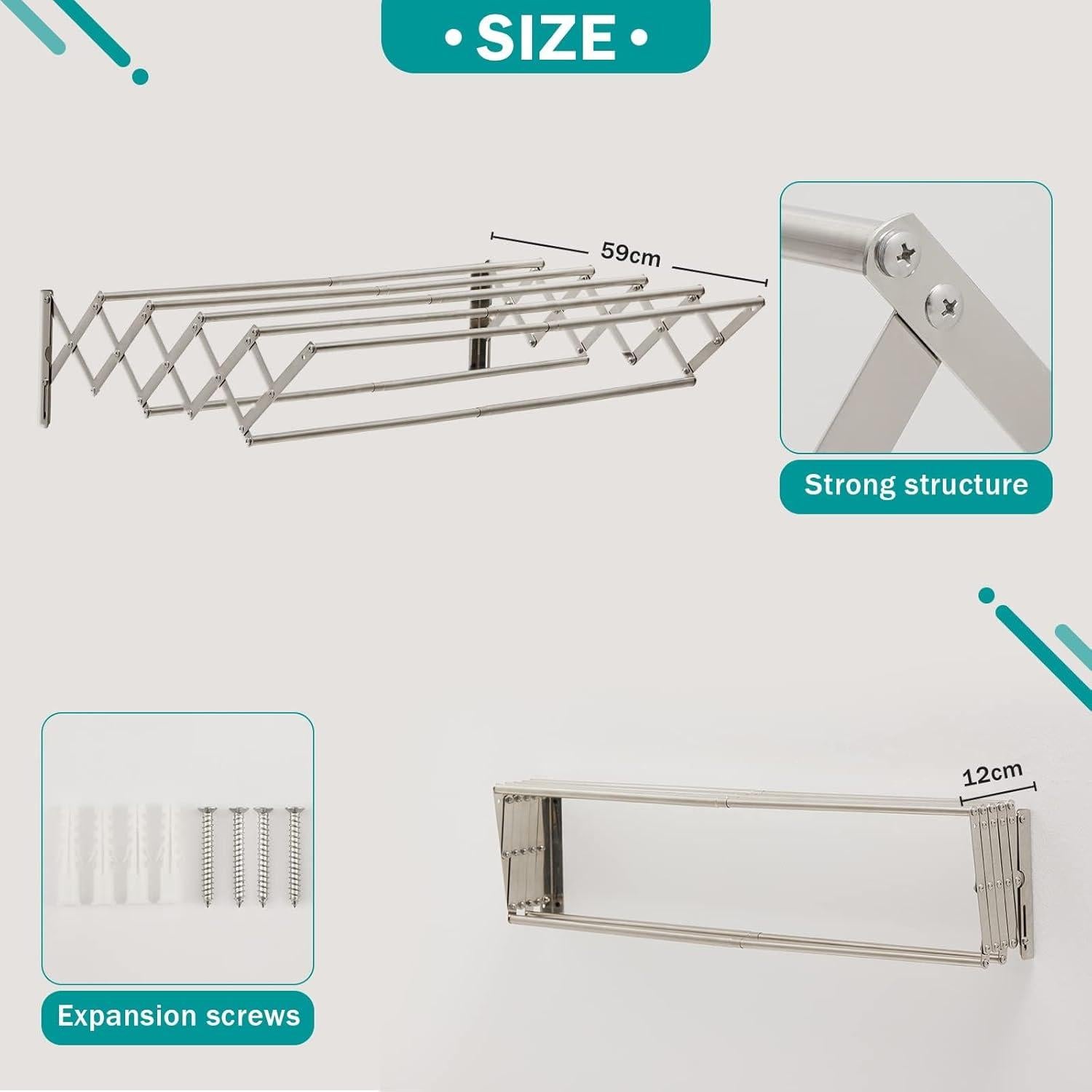 Wäscheständer Wandmontage ausziehbar mit 7 Stangen Silber