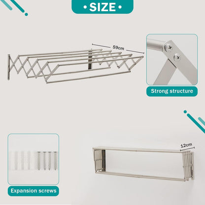 Wäscheständer Wandmontage ausziehbar mit 7 Stangen Silber