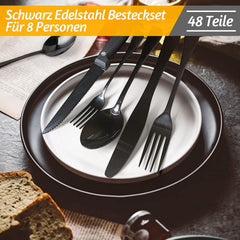 Schwarzes Besteckset Edelstahl 48-teilig für 8 Personen Steakmesser