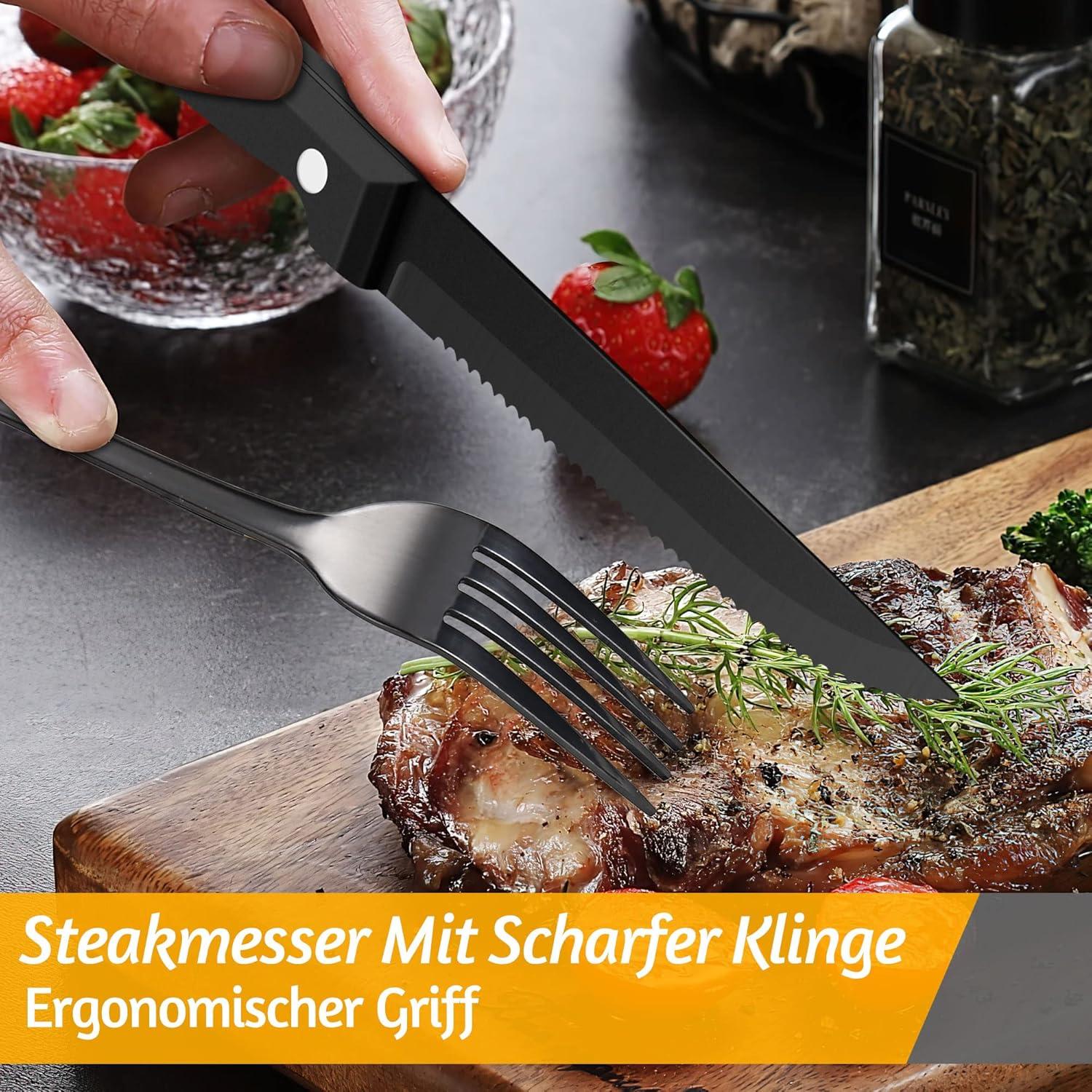 48-teiliges Schwarz Edelstahl Besteckset für 8 Personen Steakmesser Essbesteck