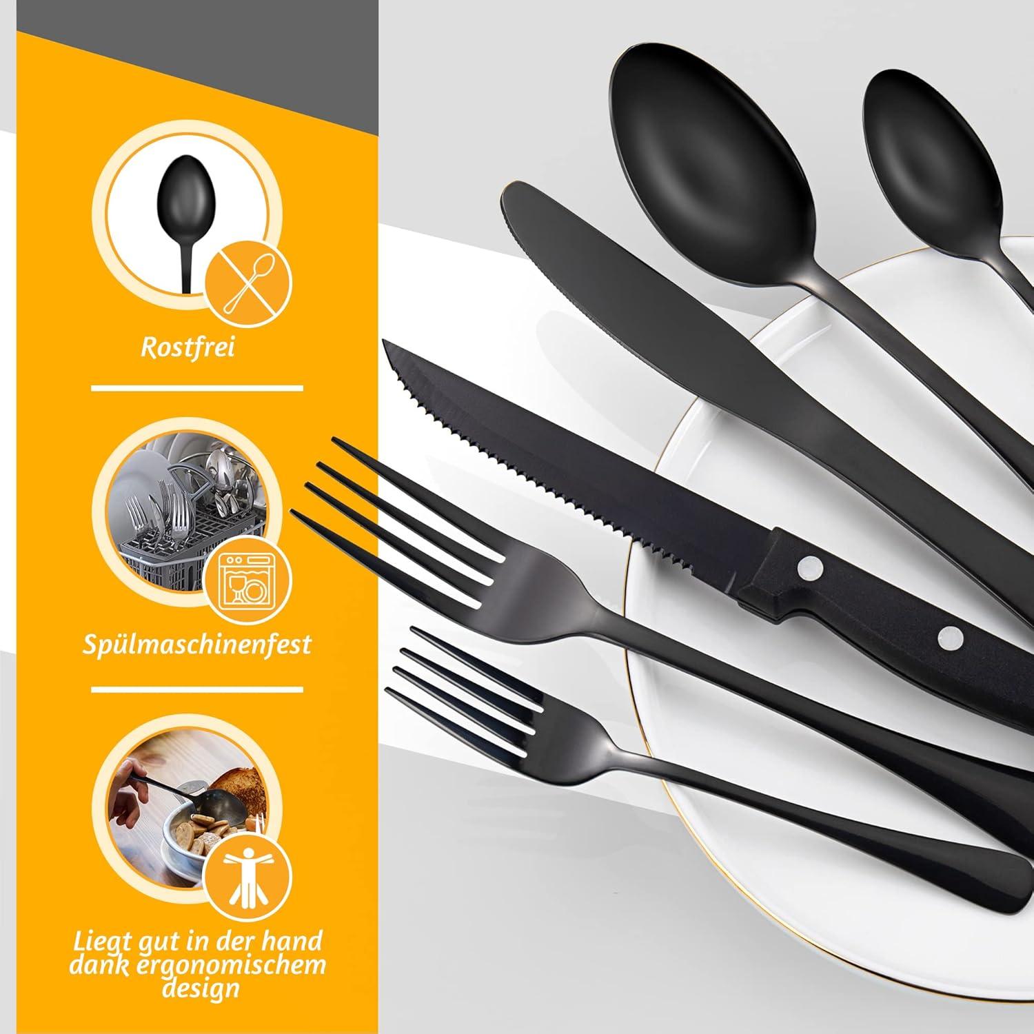 Schwarzes Besteck Set 8 Personen 48-teilig Edelstahl Steakmesser