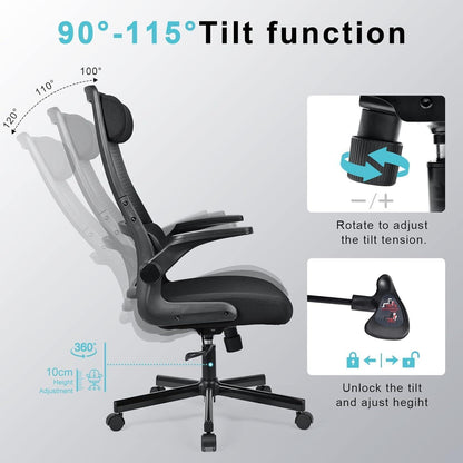 Ergonomischer Bürostuhl mit Netzrücken und verstellbarer Kopfstütze (Schwarz)