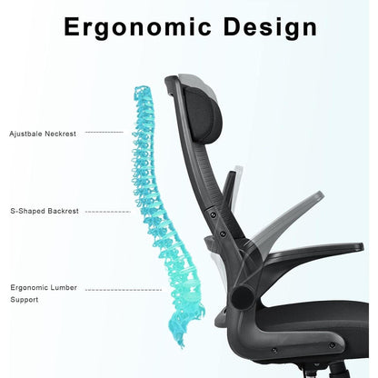 Ergonomischer Bürostuhl mit Netzrücken und verstellbarer Kopfstütze (Schwarz)