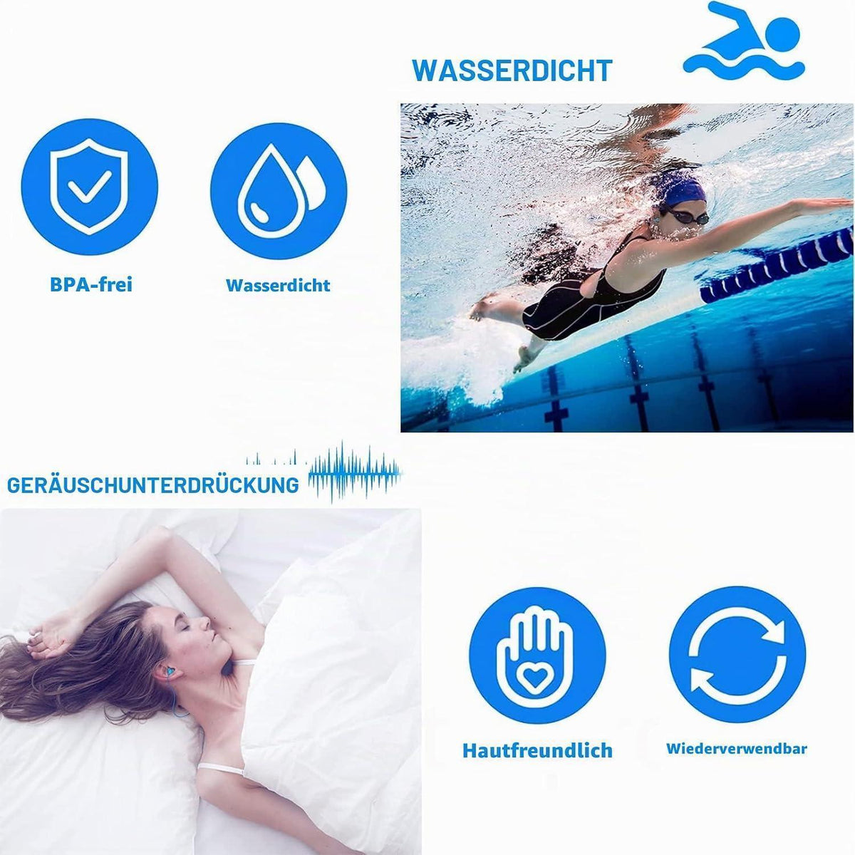 6x Silikon Ohrstöpsel – Geräuschunterdrückung zum Schwimmen & Schlafen