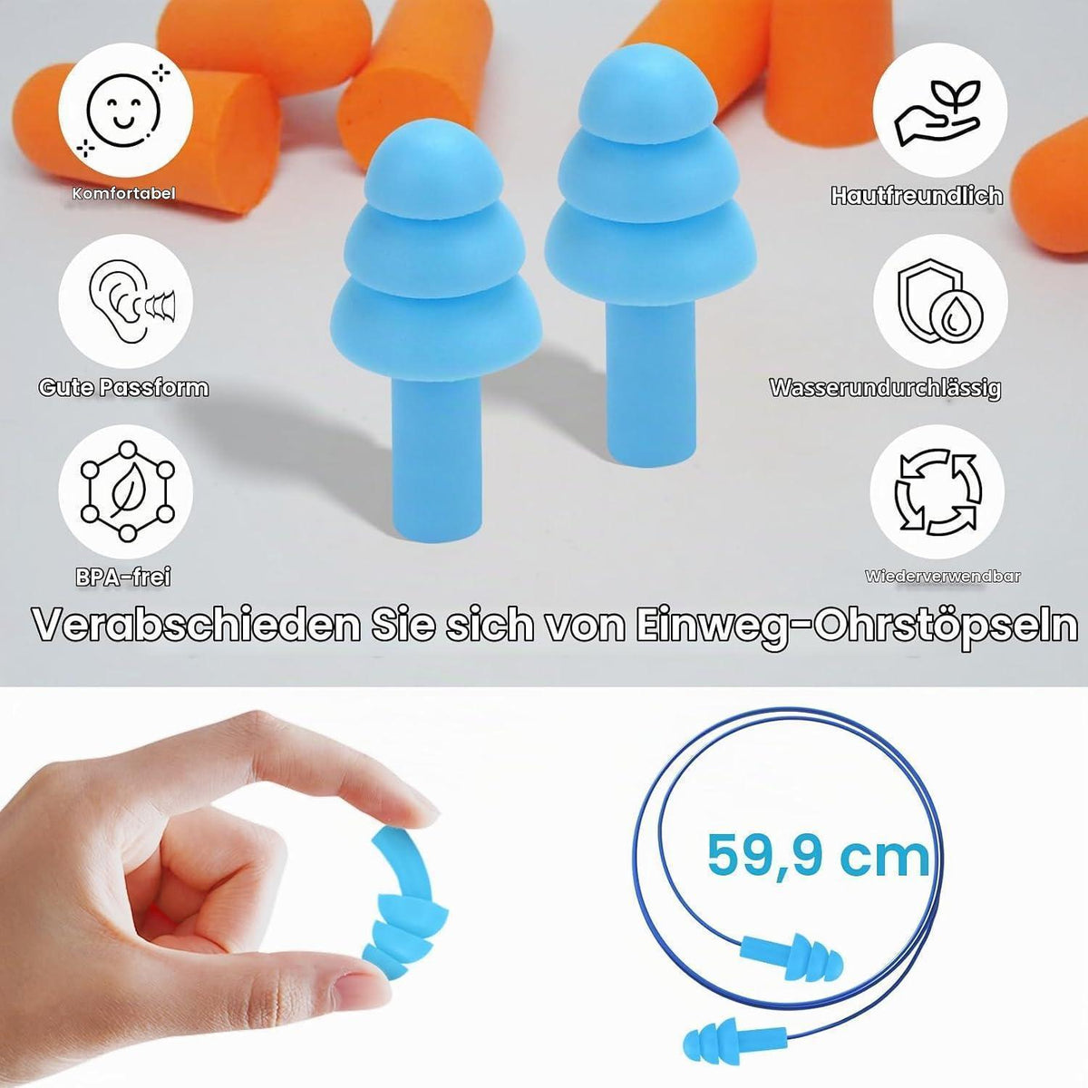6x Silikon Ohrstöpsel – Geräuschunterdrückung zum Schwimmen & Schlafen