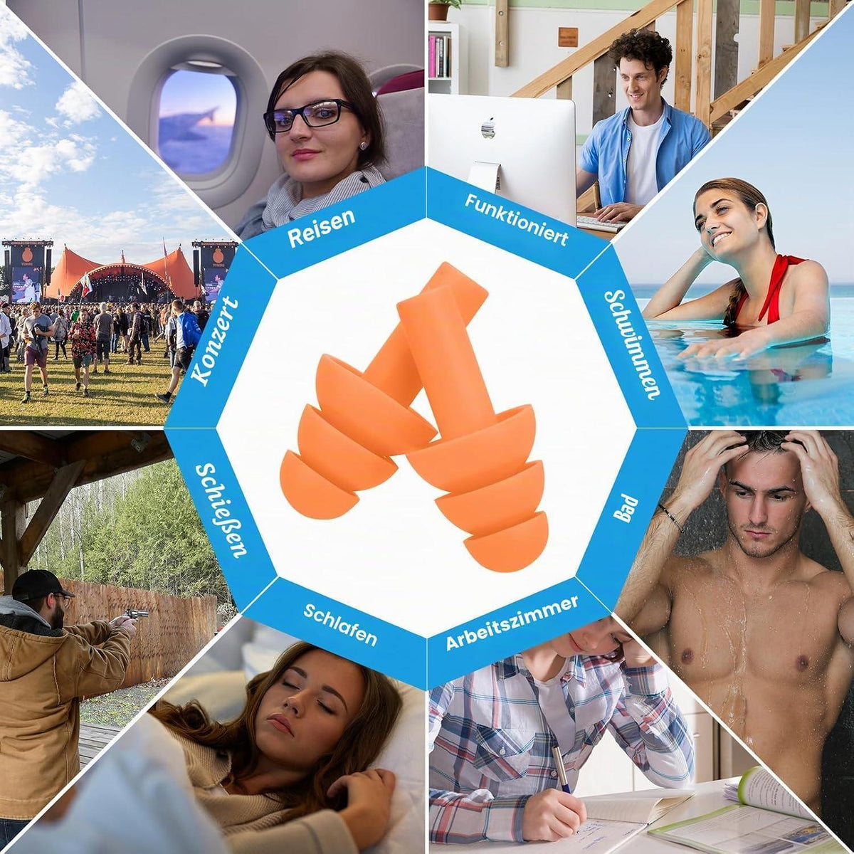 6x Silikon Ohrstöpsel – Geräuschunterdrückung zum Schwimmen & Schlafen
