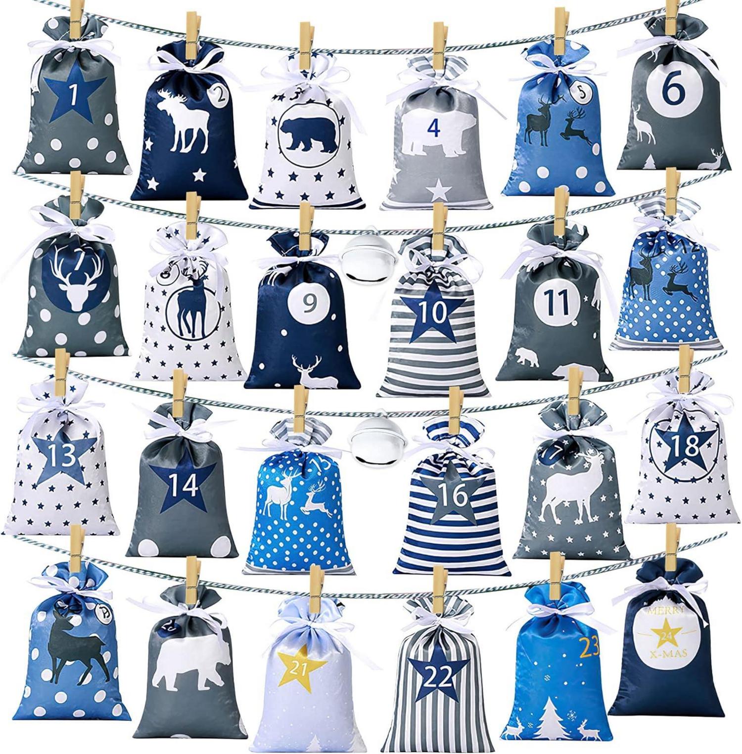 Adventskalender zum Befüllen Stoffbeutel Weihnachtskalender 24 blau