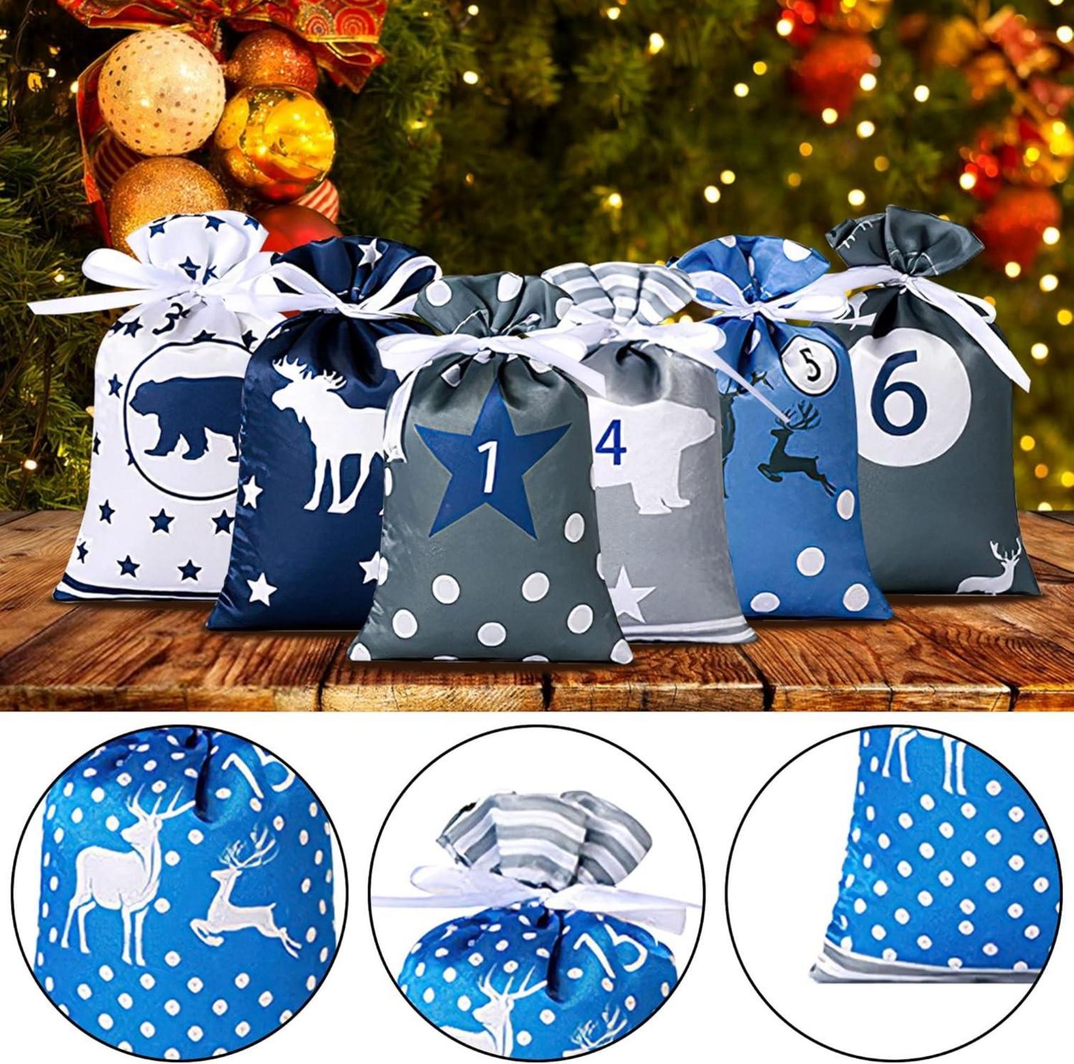 Adventskalender zum Befüllen Stoffbeutel Weihnachtskalender 24 blau