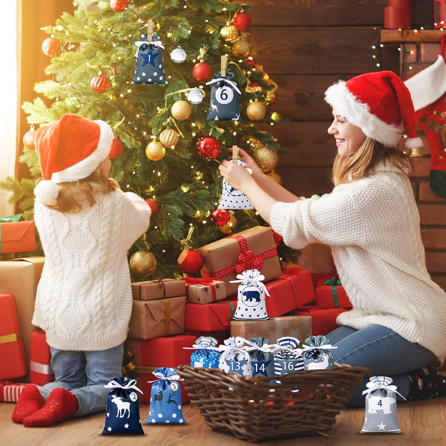 Adventskalender Stoffbeutel Set zum Selbstbefüllen 24-teilig Blau