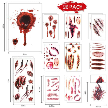 22 Blatt Halloween Zombie Narben Wunden Blut Tattoo Set
