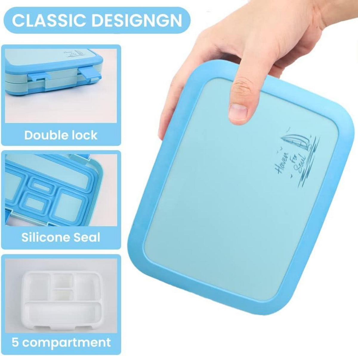 Lunchbox Bento Box Brotdose 5 Fächer Besteckset 800ML Blau