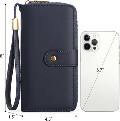 Damen Geldbörse Groß RFID Leder 14 Karten Navy Blau