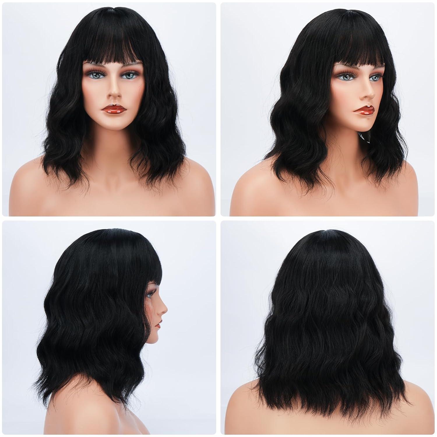 Schwarze lockige Bob Perücke mit Pony 14 Zoll synthetische Cosplay Perücke