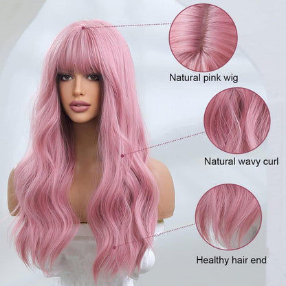 Gewellte Rosa Perücke Damen Synthetische Haare Hitzebeständig Party