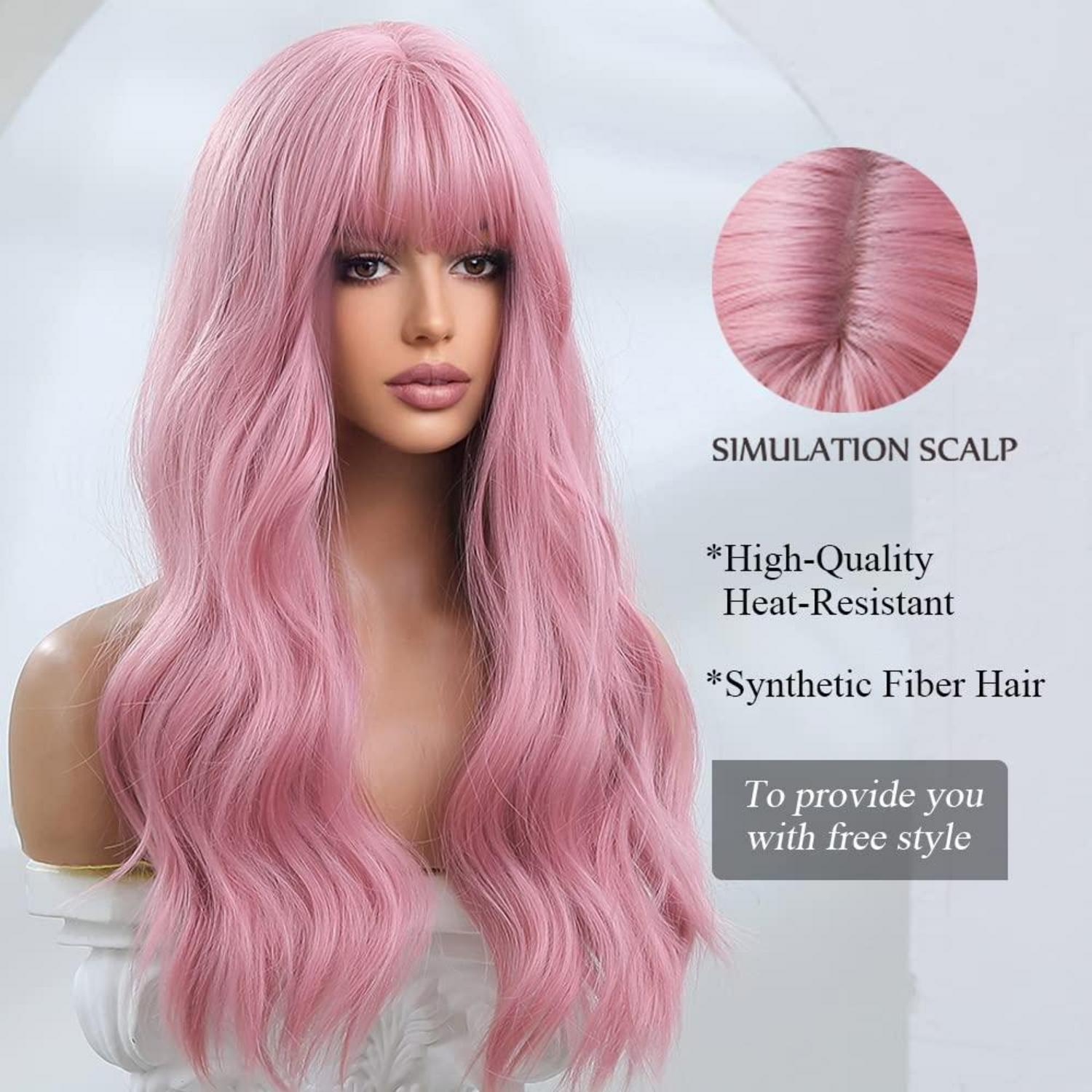OUFEI 24 Zoll Lange Gewellte Rosa Perücke Damen für Frauen Synthetisch Hitzebeständig Tägliche Party Cosplay Tragen