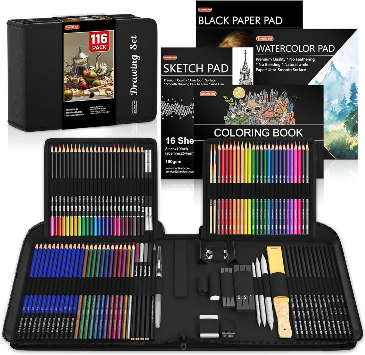 116-teiliges Zeichenset mit Bunt-, Aquarell- und Graphitstiften in