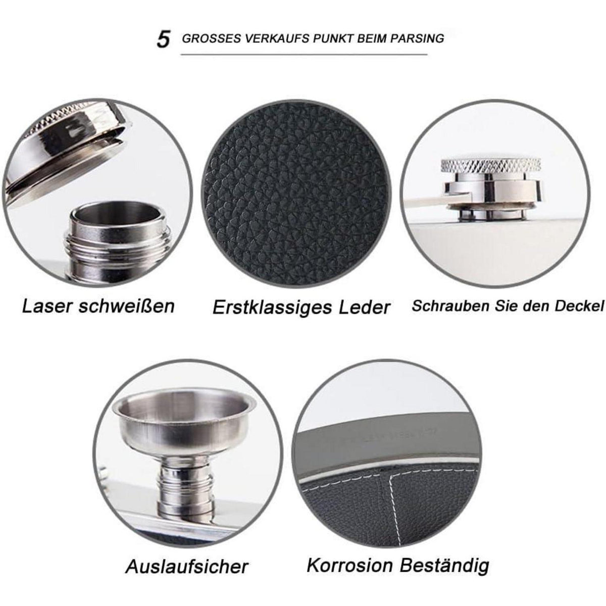 Edelstahl Flachmann Set 2x 8oz mit Trichter & Etui in Lederoptik