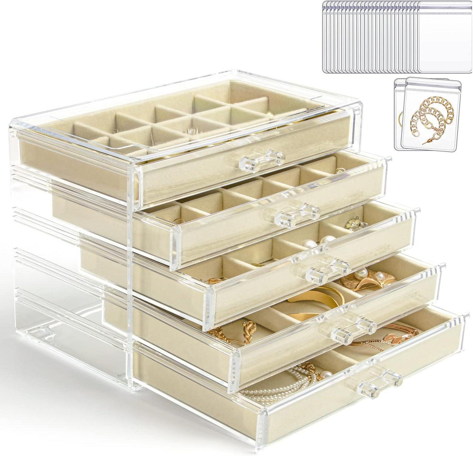 Acryl Schmuckkästchen Schmuckschatulle 5 Schubladen Beige