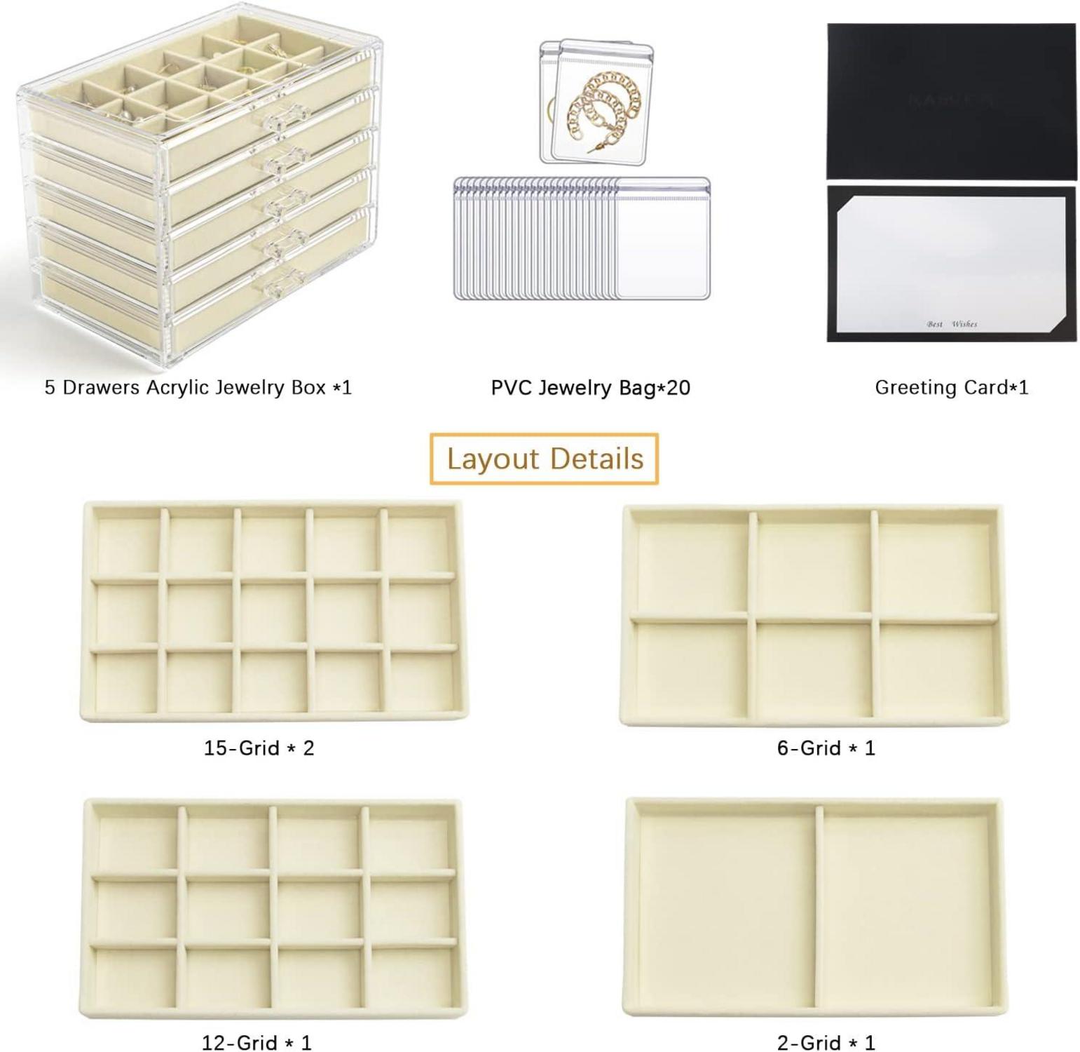 Acryl Schmuckkästchen Schmuckschatulle 5 Schubladen Beige