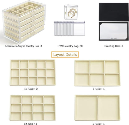 Acryl Schmuckkästchen Schmuckschatulle 5 Schubladen Beige