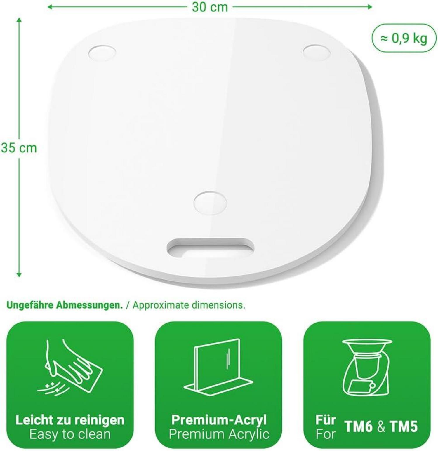 Siegvoll Gleitbrett Thermomix TM6 TM5 Acryl Weiß rutschfeste Puffer & Teflon