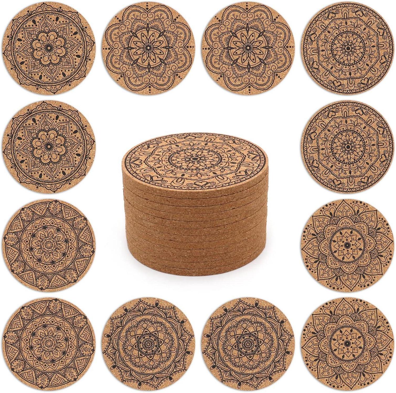 12er Set Korkuntersetzer Indisches Blumenmuster 10cm rund