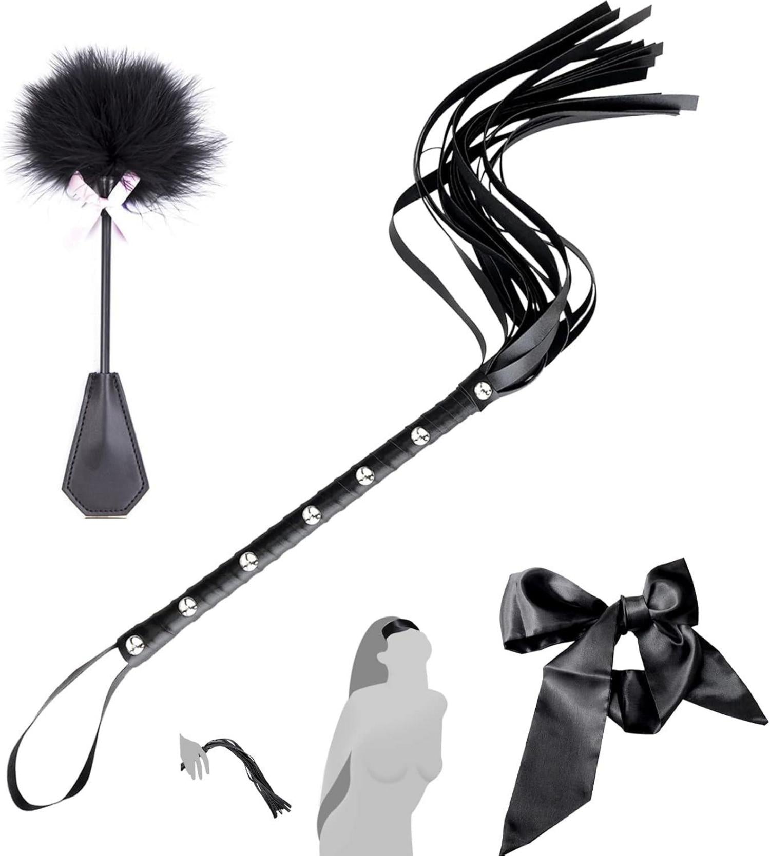 BDSM Fesseln Set mit Flogger Leder Peitsche Satin-Augenmaske