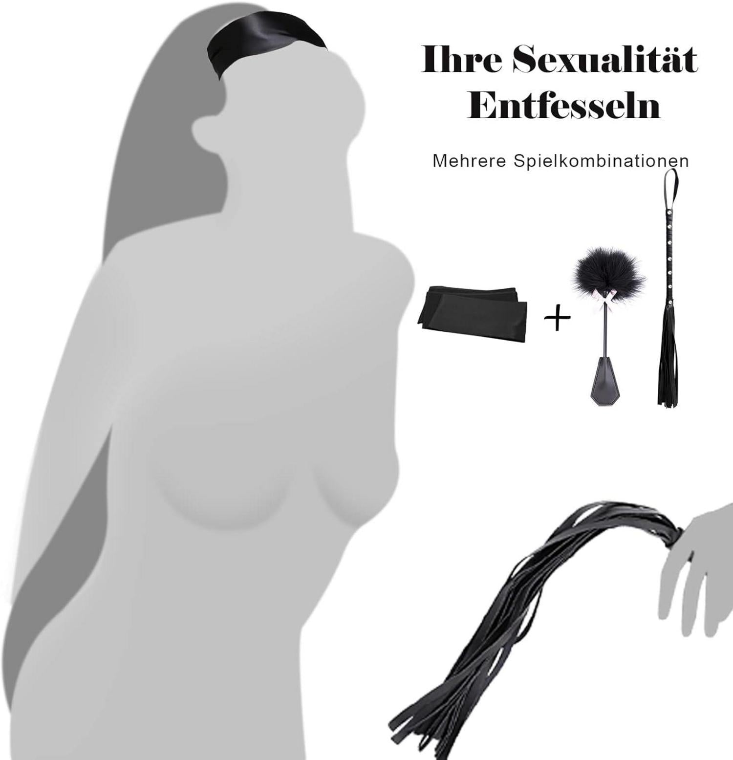 BDSM Fesseln Set mit Flogger Leder Peitsche Augenbinde