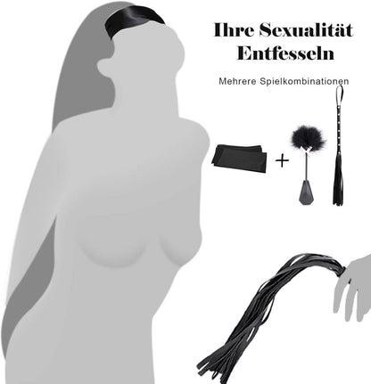 BDSM Fesseln Set mit Flogger Leder Peitsche Augenbinde