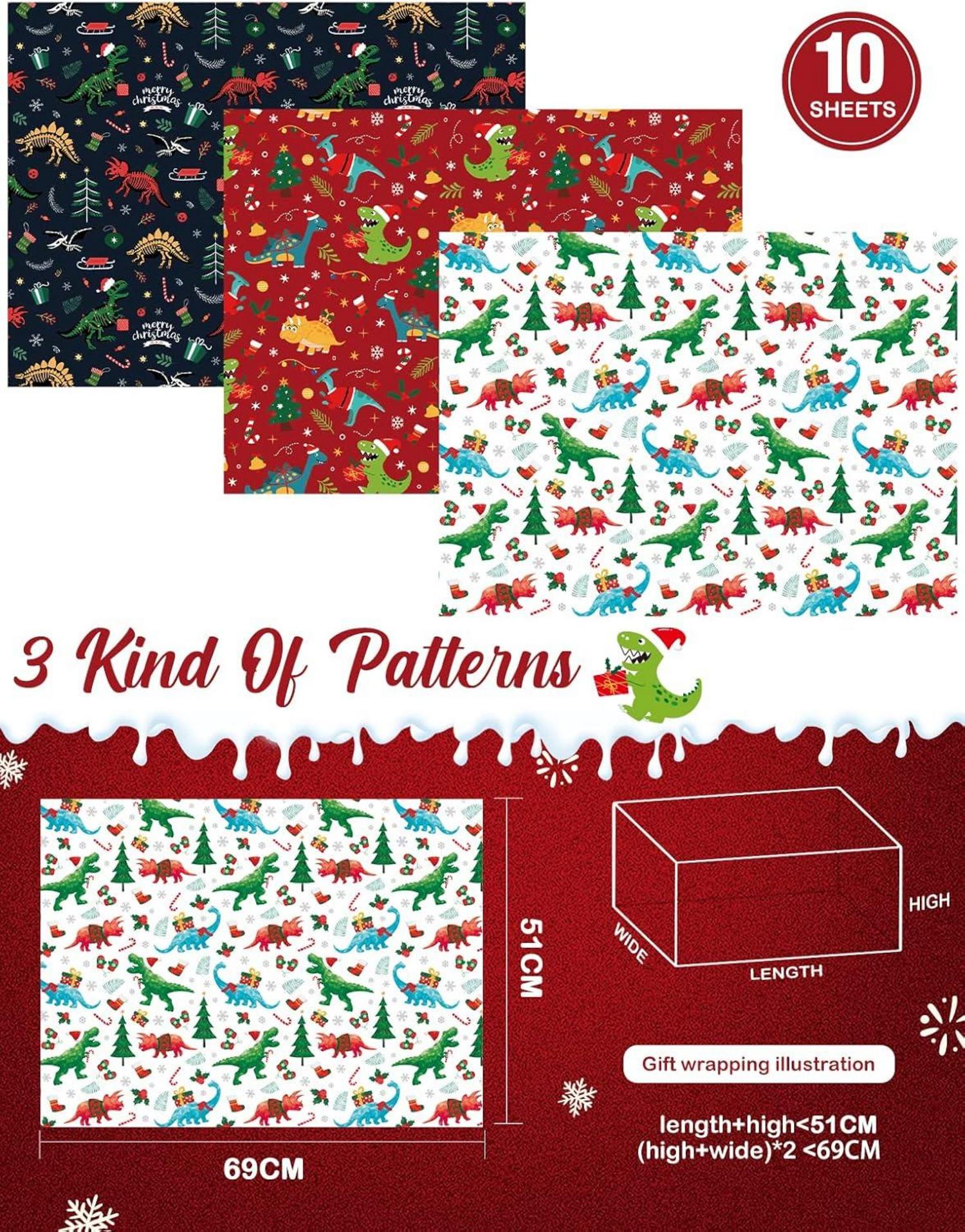 Weihnachts Dinosaurier Packpapier 10 Blatt 51 x 69cm Dino